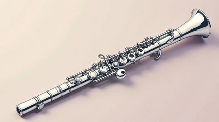 Fototapeta premium A Polished Silver Flute, Gleaming Under Soft Light, Displaying Intricate Details and Elegant Curves, Ready for a Musical Performance