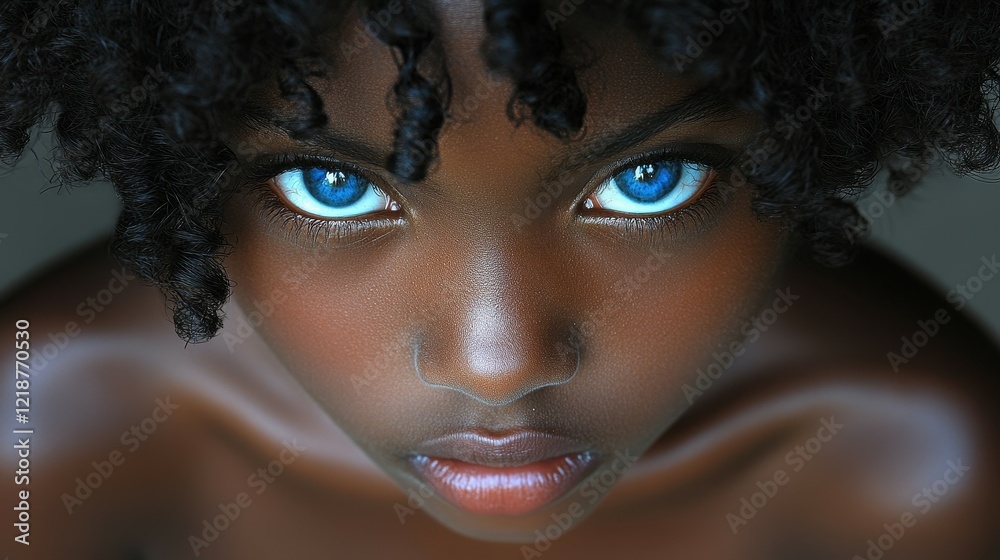 Wall mural a close-up features a child with deep blue eyes gazing directly at the viewer. the soft curls frame 
