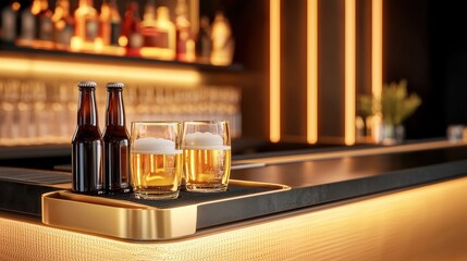Minimalistic bar setup with chilled beer bottles and clean glassware in a modern environment