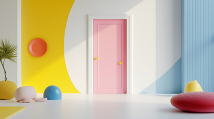 A playful depiction of a child's imagination as a white room with one colorful door