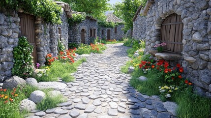 Fototapeta premium Sunny stone village alley with colorful flowers