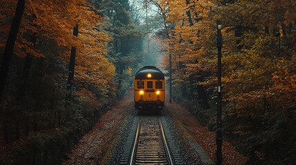Naklejka premium Vintage train traveling through autumn-colored forest, warm tones, nostalgic vibe 
