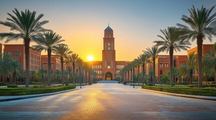 Sunrise at university campus, palm trees, pathway, architecture