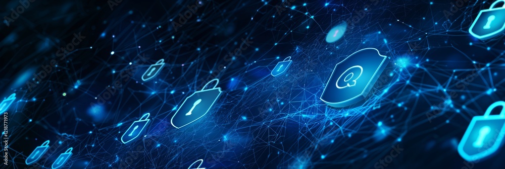 Aufkleber The digital security interface showcases blue neon icons and connecting lines, emphasizing data protection in a virtual environment for strong cybersecurity measures in networking and IT
