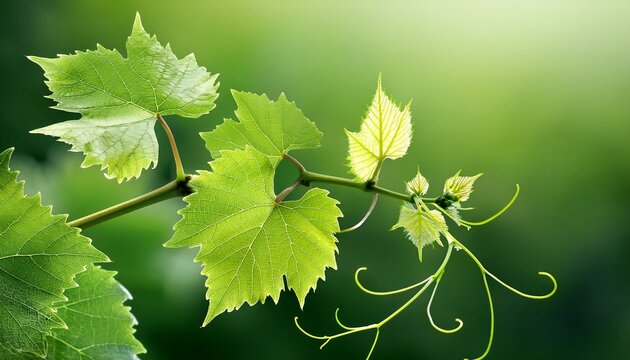 grape branch vine with green fresh leaves and tendrils grapevine on transparent green leaf close up