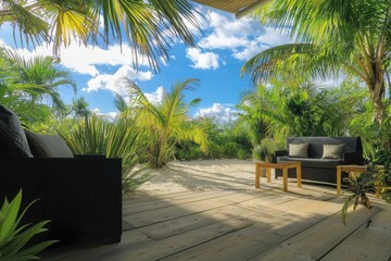 Sustainable outdoor furniture set in lush garden bright daylight wide-angle view modern lifestyle concept