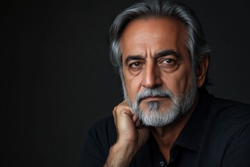 Fototapeta premium Mature man with silver hair deep in thought showcasing a contemplative expression against a dark background