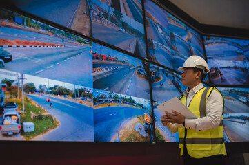 Obraz premium An inspector is checking the office's CCTV system to see if it is working efficiently and to standard.