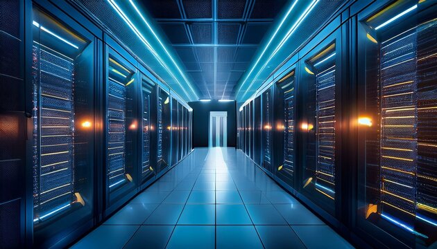 high tech data center interior with flashing server lights for futuristic technology design