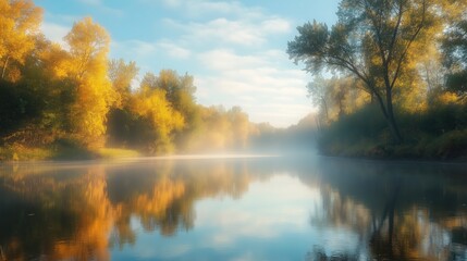 Fototapeta premium Morning mist over a river with tree reflections - generated AI