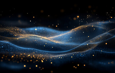 Dark background, bokeh lights on the ground, a dark blue and gold color theme, blurry, particles flying in the air.