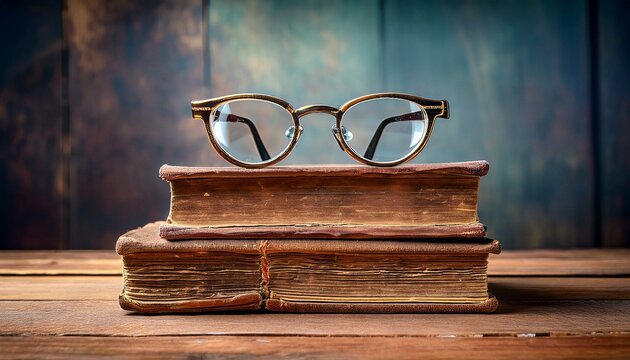 antique eyeglasses rest on aged books on wooden table