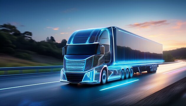 futuristic digital truck in glowing neon lines speeding along highway advanced technology and innovation in transportation and logistics industry - Powered by Adobe