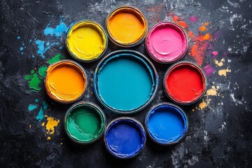 Bright acrylic paint cans arranged in a circular pattern with vibrant colors on a dark surface