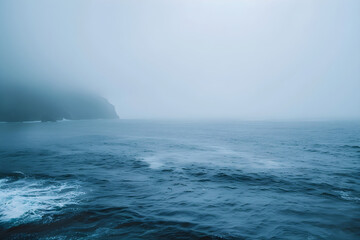 Plakat Dark and foggy coast of cold sea and ocean. Dramatic style and atmosphere. Design template for vacation advertising, tourist agency, norwegian scandinavian style and backgrounds and backdrops with spa
