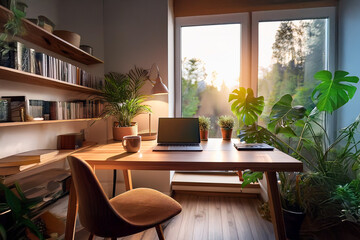 Fototapeta premium A cozy home office setup with a stylish desk, a laptop, a cup of coffee, and green plants in the background, soft warm lighting