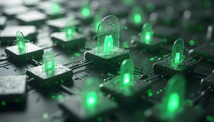 A close up of a circuit board with glowing green lock icons, symbolizing security and technology