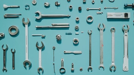 Obraz premium A flat-lay composition of assorted tools arranged neatly on a bright blue background, with ample copy space for DIY or repair concepts.