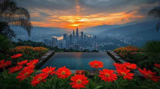 Sunrise Cityscape, Rooftop Pool, Framed by Flowers