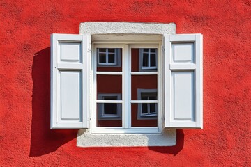 Fototapeta premium Bright red wall with white window and open shutters creates a striking architectural detail in a quaint town