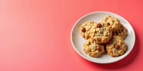 A plate of delectable golden-brown cookies, studded with nuts, rests on a vibrant coral background, creating a tempting visual treat.