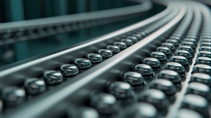 A close-up view of a conveyor belt featuring shiny metal balls, showcasing a modern industrial design with smooth, flowing lines.