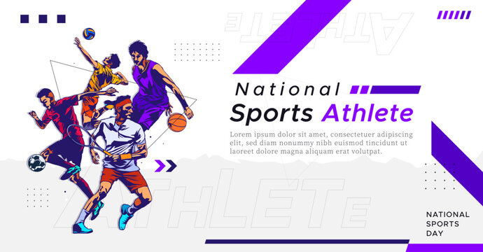 National sports day celebration design featuring illustrations of basketball, soccer, volleyball, and tennis athletes on a sporty background. Can be used for banners, web, etc. Sports day concept - Powered by Adobe