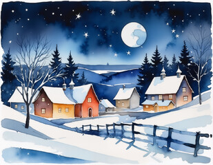 Fototapeta premium Watercolor illustration of a scenic snow-covered village under a starry winter night with a full moon, hand-painted for winter decor, holiday art, home decor, and digital projects