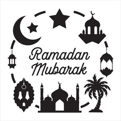 set of black filled icons for Ramadan Mubarak.