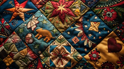 Fototapeta premium Detailed Handstitched Patchwork Quilt with Star, Heart and Animal Motifs