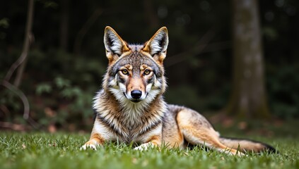 Fototapeta premium Coyote resting in grass wildlife photography