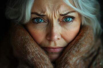 Elderly woman with striking blue eyes wrapped in a warm scarf shows deep emotion and wisdom in a close-up setting