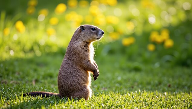 Groundhog (marmota monax) standing on grass wildlife photography