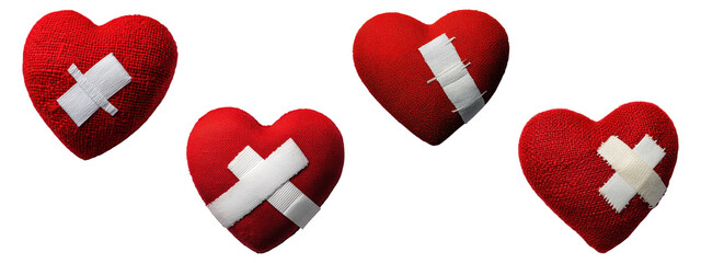 Red heart with white bandages, isolated on transparent background