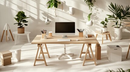 Fototapeta premium Bright and Spacious Modern Home Office with Natural Light and Indoor Plants for a Productive Workspace