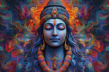 Vivid representation of a serene deity surrounded by vibrant cosmic colors and intricate details