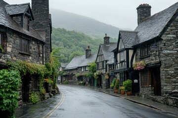 Fototapeta premium Charming Stone Village Street on a Rainy Day
