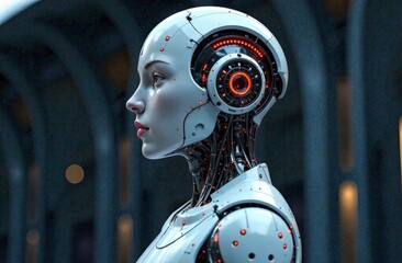 Portrait of female robot, android face, Artificial intelligence concept render 3d illustration