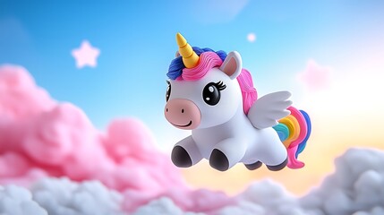 Adorable Unicorn Soaring Through Pastel Clouds