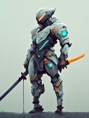 Armored Robot Warrior Stands in Rain With Katana