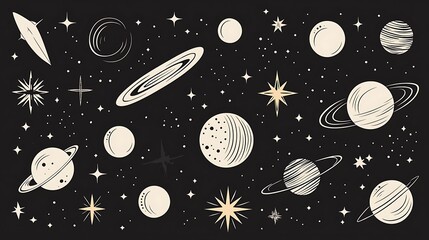 Celestial Design with Minimal Stars and Moon Elements, Featuring Various Planets and Cosmic Bodies on a Dark Background for Artistic Themes