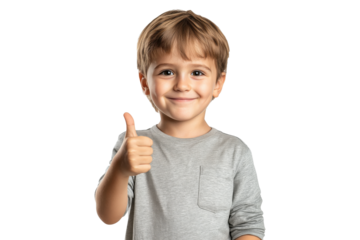 Happy young boy in a gray shirt showing thumbs up, isolated on transparent background