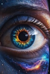 Macro Shot of a Human Eye with Multicolored Galaxy Reflections Wallpaper Background
