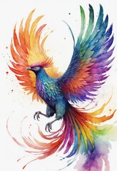 Obraz premium Colorful Phoenix Bird Illustration with Vibrant Feathers and a Fiery Energy on a White Background