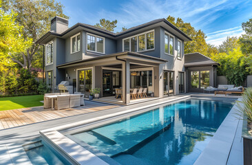 Obraz premium Luxurious private villa with a swimming pool. Evening ambiance in a countryside residence. Exterior of an elegant mansion featuring a pool.