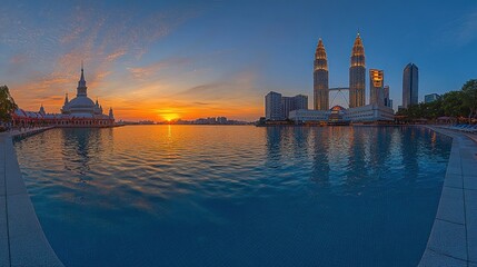 Obraz premium Sunrise over Kuala Lumpur's iconic twin towers reflecting in a placid lagoon