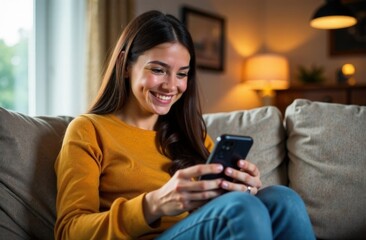 Happy relaxed young woman sitting on couch using cell phone, smiling lady laughing holding smartphone, looking at cellphone enjoying doing online ecommerce shopping in mobile apps or watching videos.