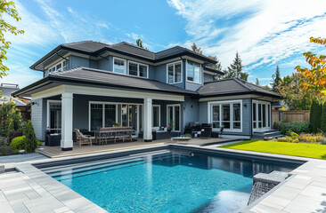 Fototapeta premium Luxurious private villa with a swimming pool. Evening ambiance in a countryside residence. Exterior of an elegant mansion featuring a pool.