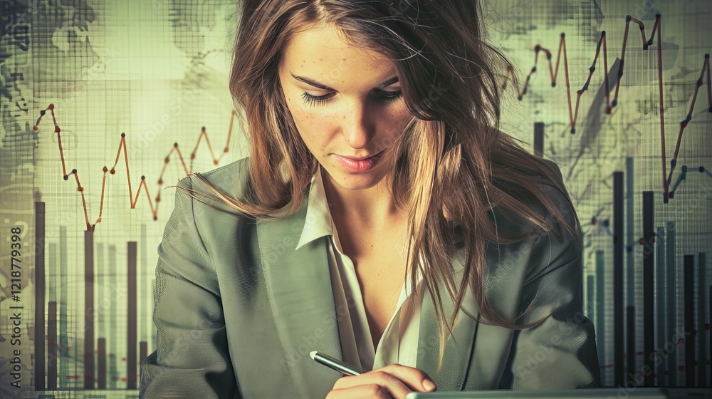Aufkleber Professional business woman focuses on tablet while analyzing data with stylus. Background features global financial charts and graphs. Ideal for finance, analysis, or business stock.