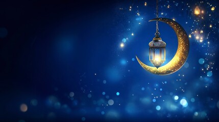 A Ramadan banner with an elegant crescent moon and lantern, set against a deep blue background, perfect for the holy month of Ramadan. The text is centered, with space on the right side.